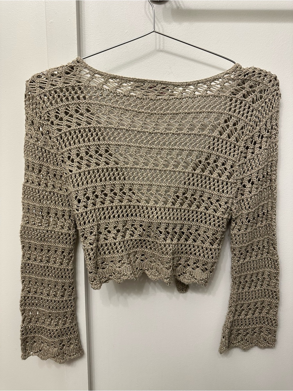 Y2K “Say What?” Crochet Tie-Front Cardigan in Taupe - Picture 7 of 7